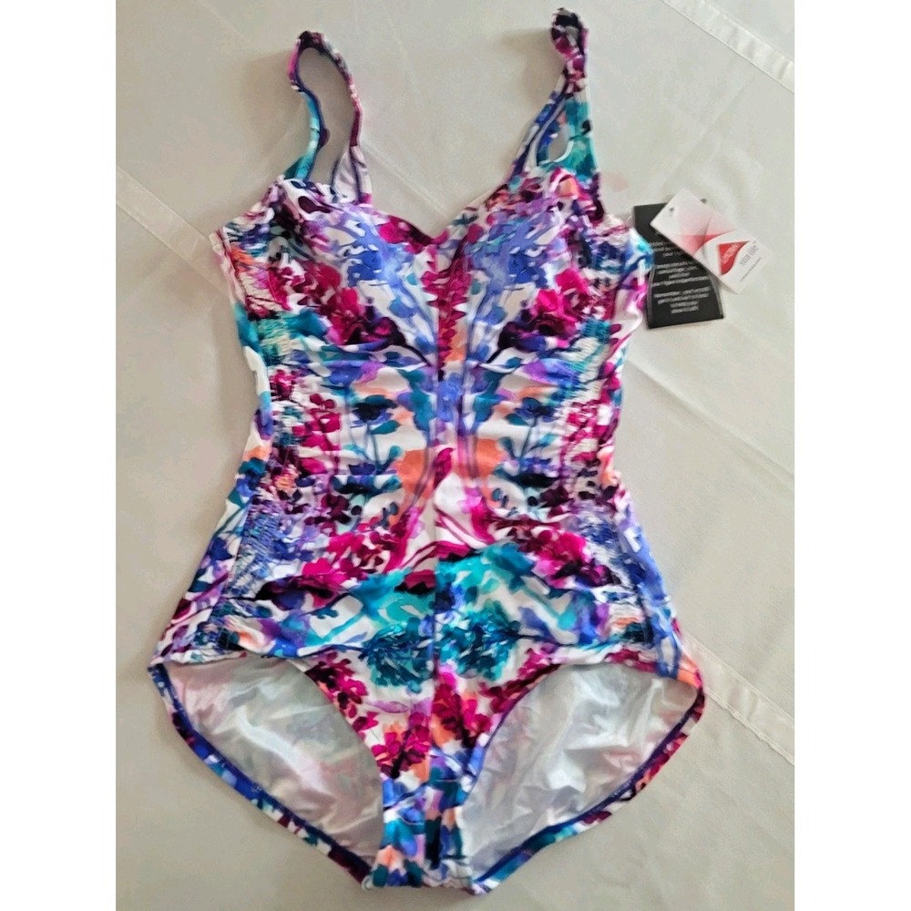 NWT Women's Size 14 One Piece Swimsuit Floral Ruched Tummy Control Multicolor
